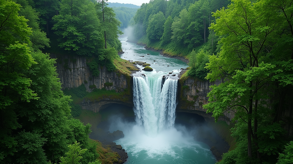 High angle view of a cascading waterfall surrounded by lush green trees