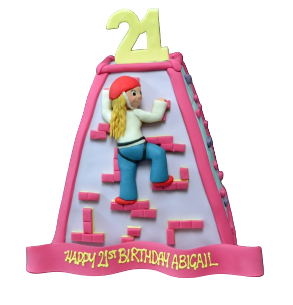 A unique and creative climbing wall-themed cake with colorful fondant decorations ideal for birthday parties and special occasions.