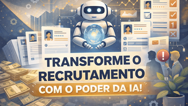 Ilustração sobre inteligência artificial no recrutamento e seleção, mostrando robô de IA analisando currículos, perfis de candidatos, gráficos de desempenho e indicadores de decisão estratégica em processos seletivos modernos.
