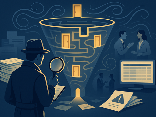 Ilustração de um detetive segurando uma lupa e investigando um funil de vendas rachado com pixels se desfazendo, diante de um quadro com ícones de alerta e anotações, representando a análise de falhas ocultas no processo comercial.