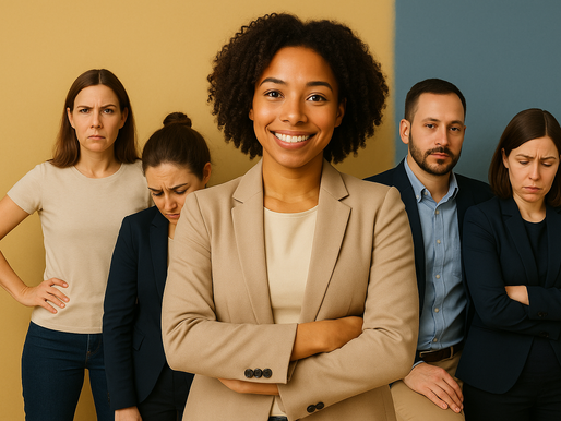 Cinco pessoas demonstrando diferentes posturas corporais no ambiente profissional, incluindo linguagem corporal confiante, postura de poder, expressão facial neutra e linguagem corporal insegura, conceito de presença executiva e comunicação não verbal, fundo bicolor moderno em azul e amarelo.