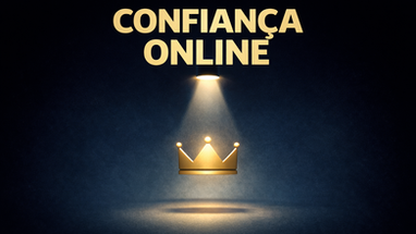 Thumbnail de blog com fundo azul profundo em gradiente escuro, título grande “CONFIANÇA ONLINE” em dourado centralizado, e uma coroa dourada minimalista flutuando sob um holofote dramático, representando autoridade digital, credibilidade online e construção de confiança para conversão.