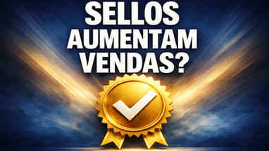 Thumbnail horizontal para blog sobre marketing e vendas com selo de qualidade dourado em destaque ao centro, representando certificação e autoridade de marca. Fundo escuro com iluminação dramática e profundidade lateral, criando contraste visual forte. Texto central grande e legível “Selos aumentam vendas?” otimizado para leitura em mobile. Imagem relacionada a viés de autoridade, prova social, certificações, confiança do consumidor e aumento de conversão em estratégias de marketing digital.