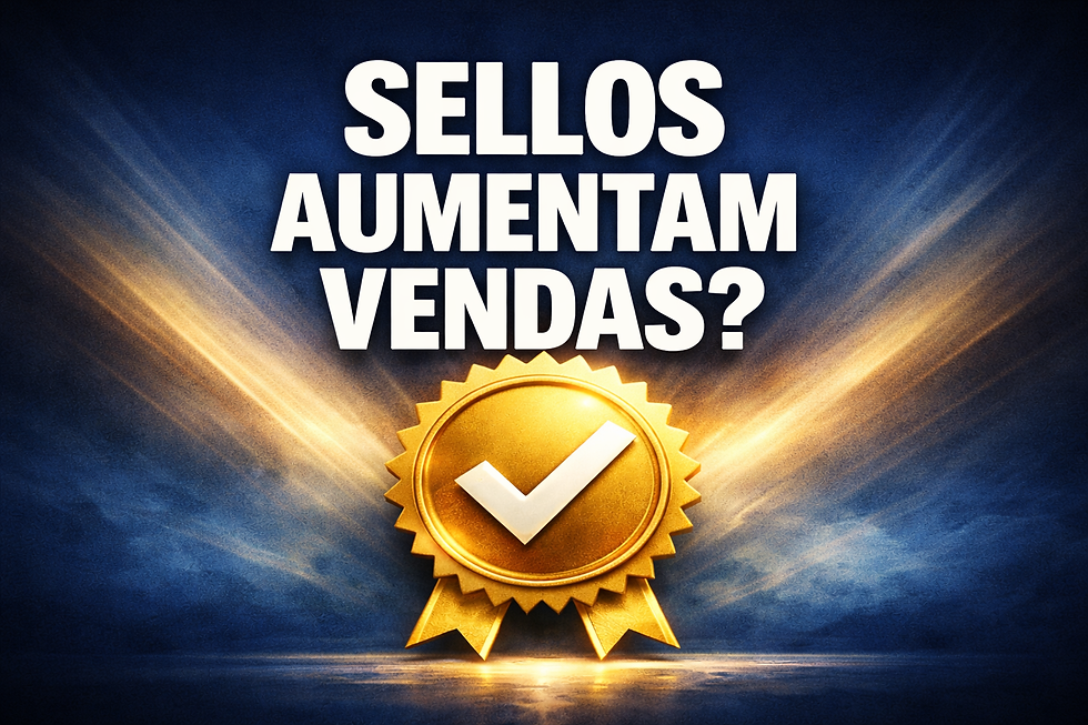 Thumbnail horizontal para blog sobre marketing e vendas com selo de qualidade dourado em destaque ao centro, representando certificação e autoridade de marca. Fundo escuro com iluminação dramática e profundidade lateral, criando contraste visual forte. Texto central grande e legível “Selos aumentam vendas?” otimizado para leitura em mobile. Imagem relacionada a viés de autoridade, prova social, certificações, confiança do consumidor e aumento de conversão em estratégias de marketing digital.