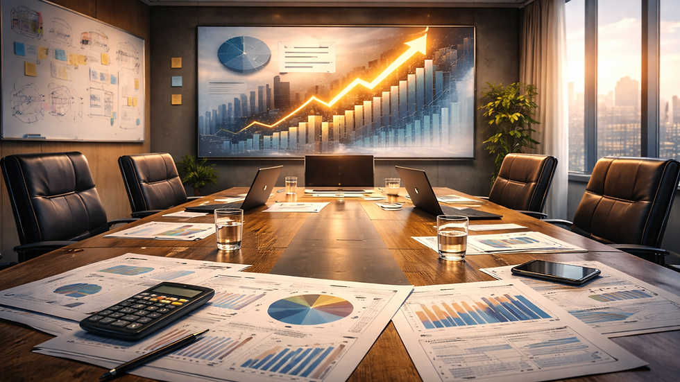 Eye-level view of a modern office meeting room setup with charts and reports on the table
