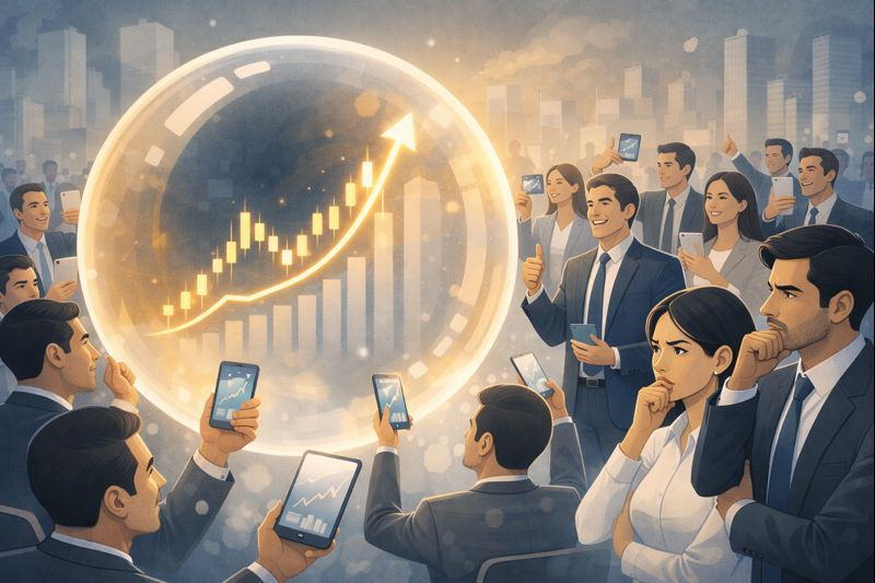 Pessoas analisando gráficos de crescimento em seus celulares, representando o efeito manada no mercado financeiro e como decisões de investimento são influenciadas pelo comportamento coletivo.