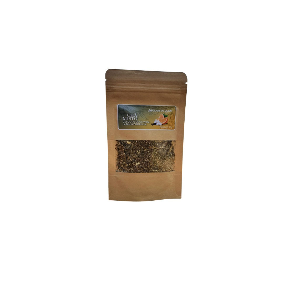 Chá misto de folhas de oliveira, laranja e baunilha