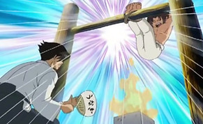 This image displays kenichi performing hanging/suspended crunches