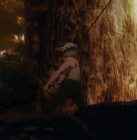 Asta striking a tree with his sword (exercising)