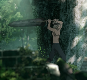 Asta striking a tree with his sword