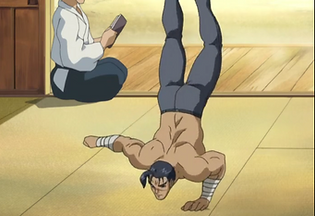 This image displays a character from Kenichi Mightiest Disciple performing one arm HSPU's