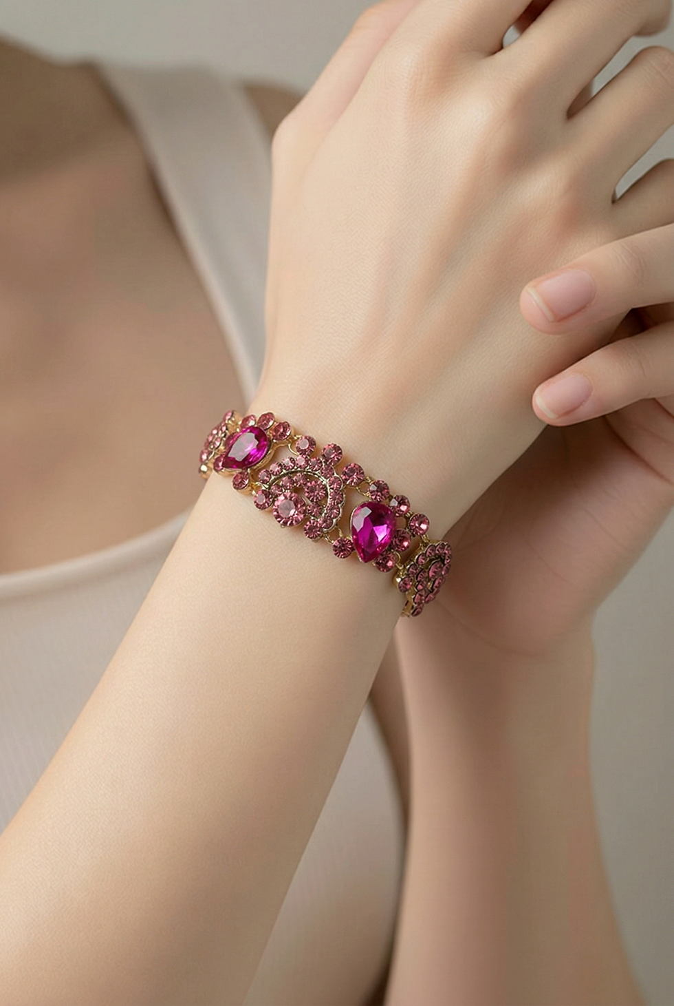 Thumbnail: Hot Pink Crystal Rhinestone Necklace Earring Bracelet Ring set