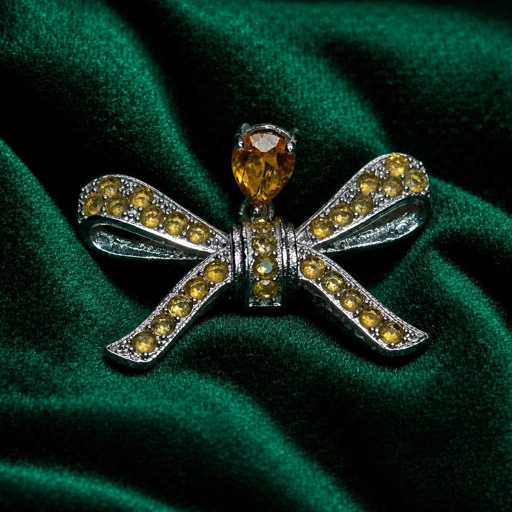 925 Stamped Citrine rhinestone bow pendant