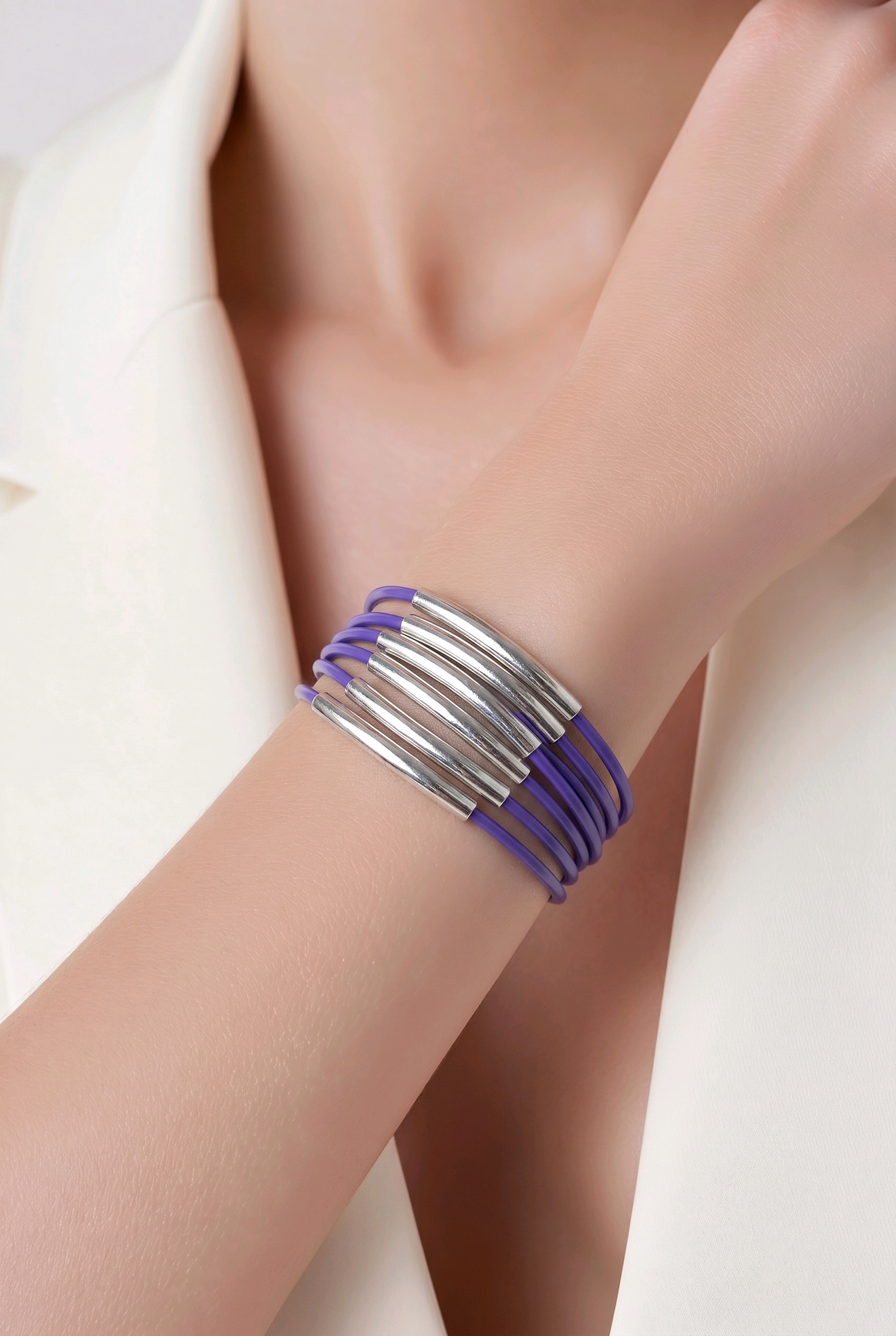Purple Silver bangle bracelet set metal thin skinny set of 6