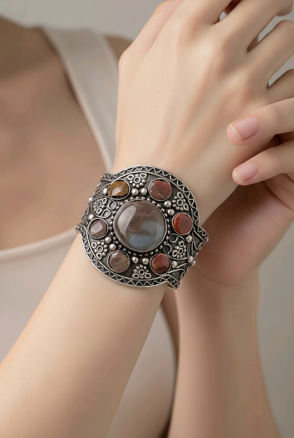Thumbnail: Indian multi-colored stones embossed design bracelet