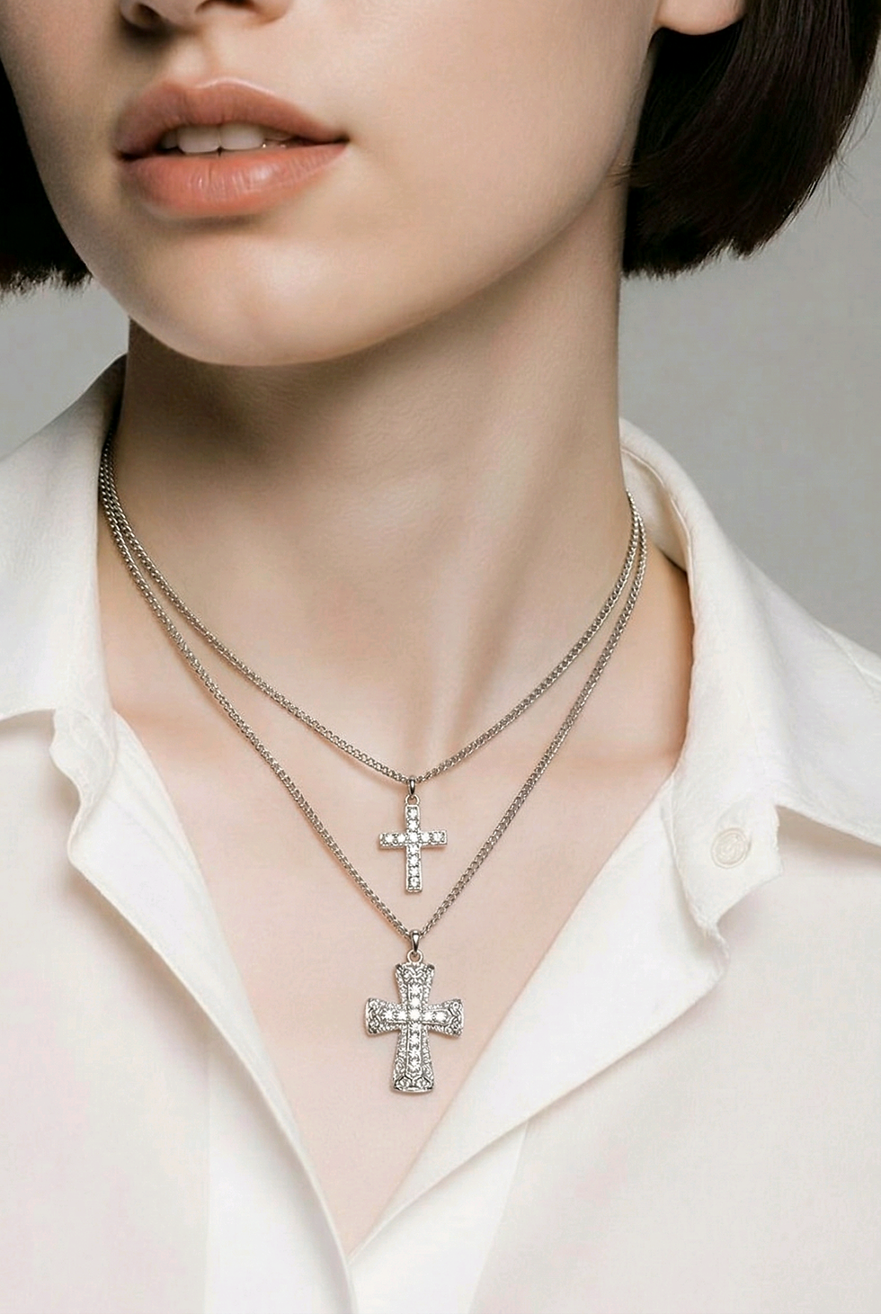 Thumbnail: Tier rhinestone silver tone cross necklace 