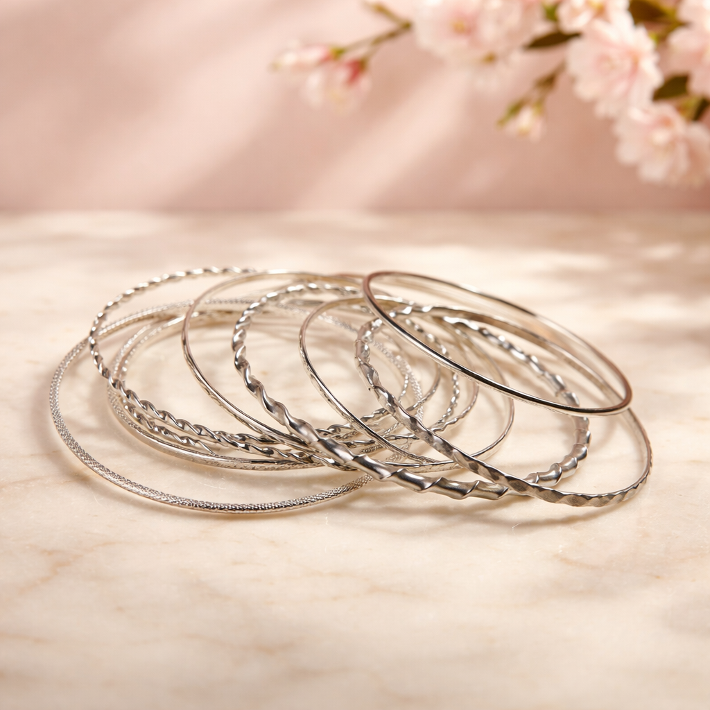 Set of 8 silver tone bangle bracelets