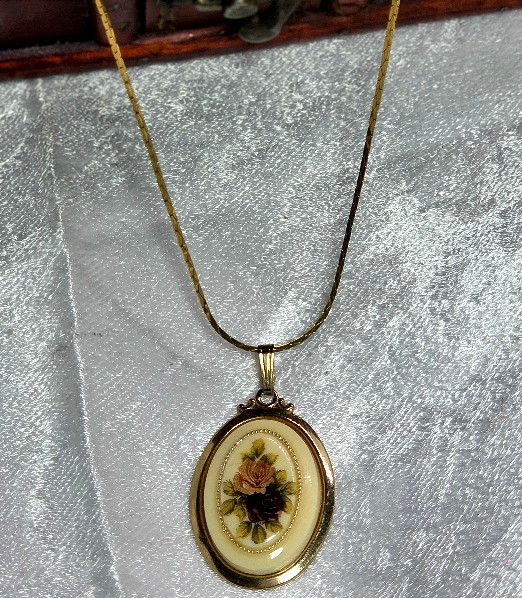Thumbnail: Rose Cameo Style Pendant Necklace 80s Vintage Floral Victorian Revival Jewelry