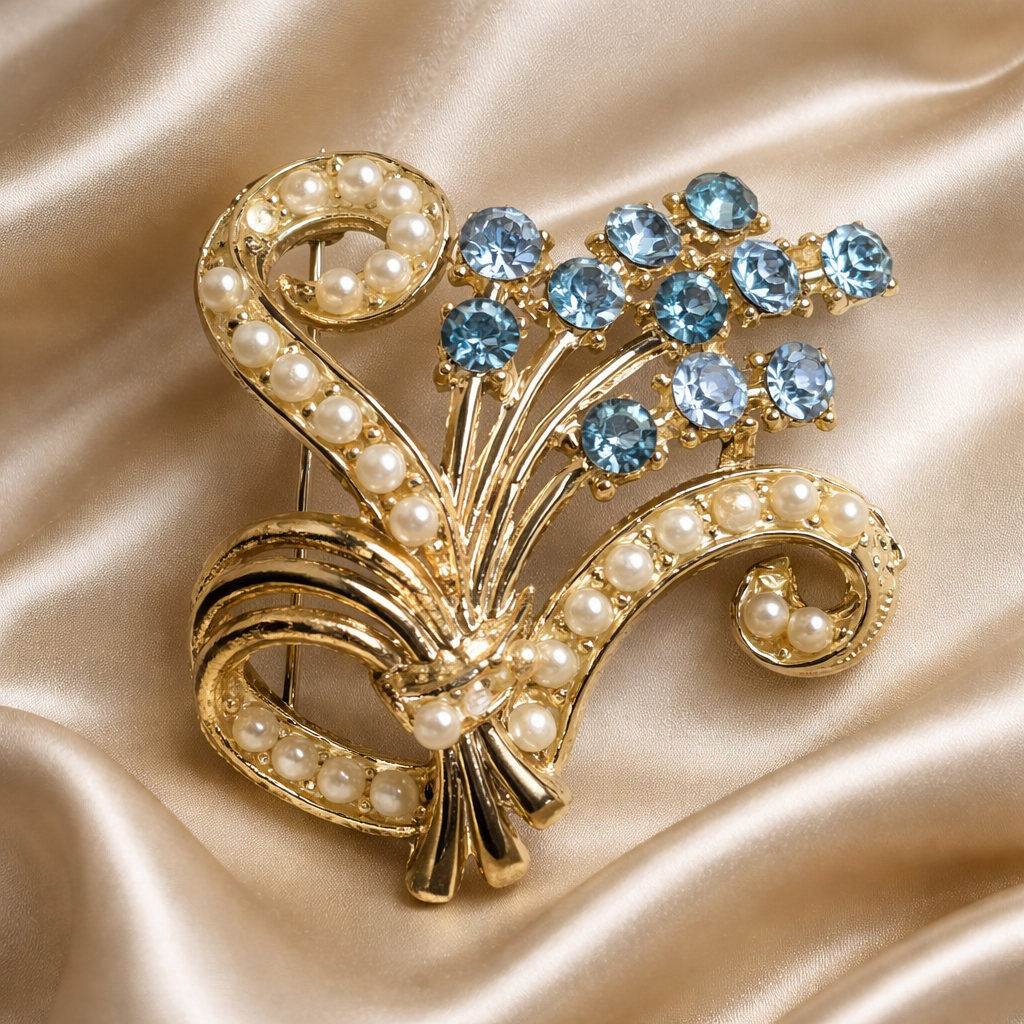 Vintage floral bouquet blue rhinestones Brooch