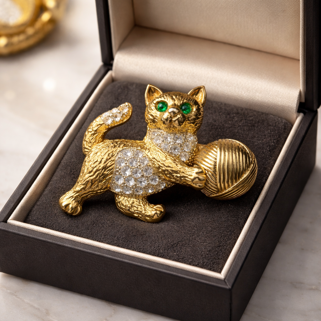 Vintage Rhinestone cat Brooch 