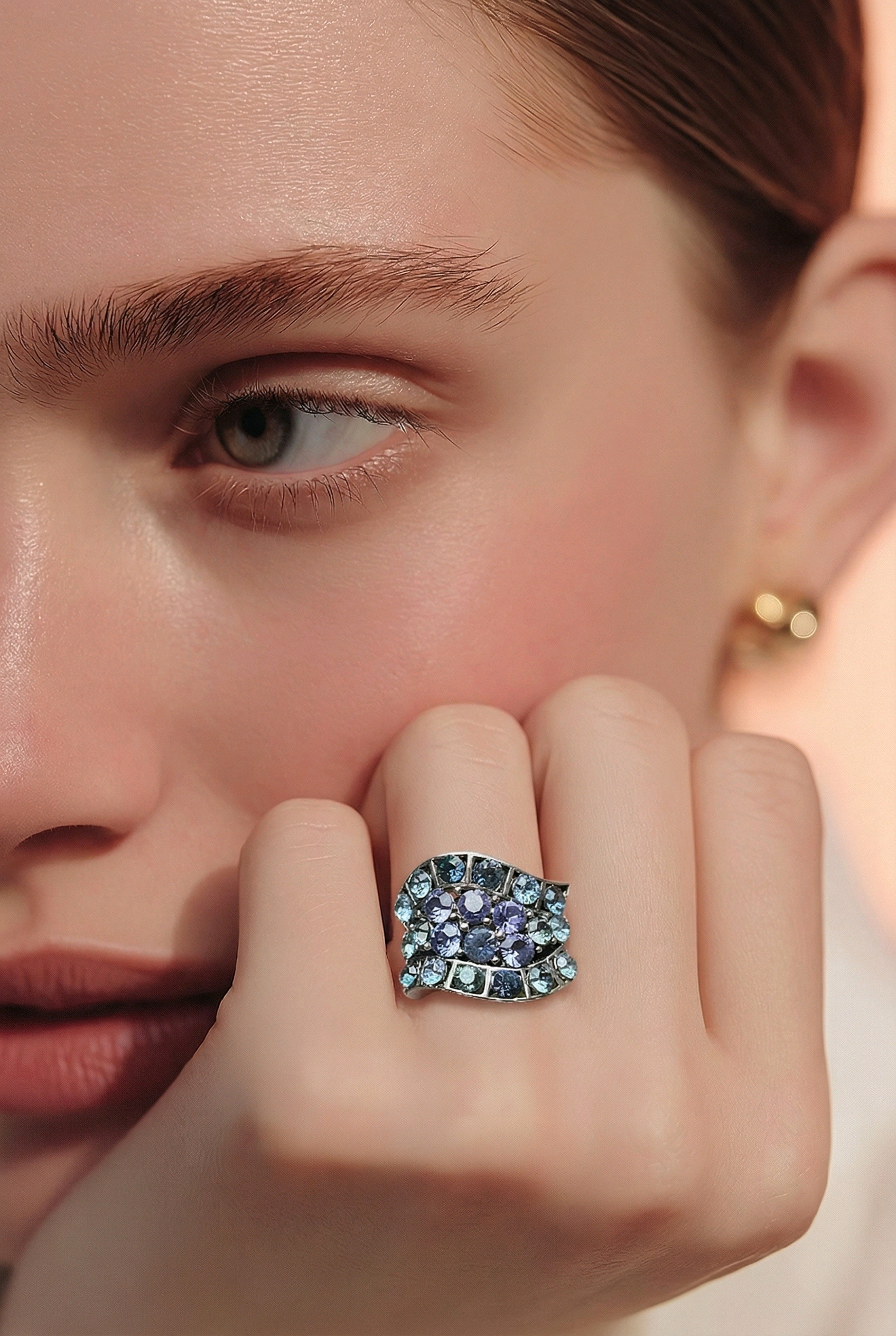 Cluster statement ring blue and purple rhinestones 7.75