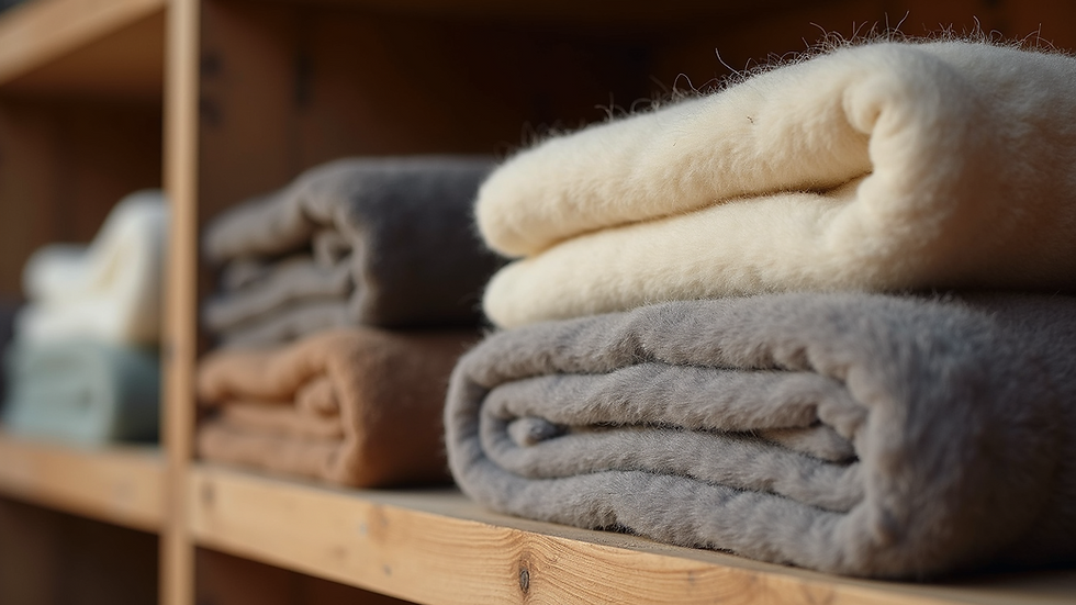 Eye-level view of alpaca wool blankets folded on a wooden shelf