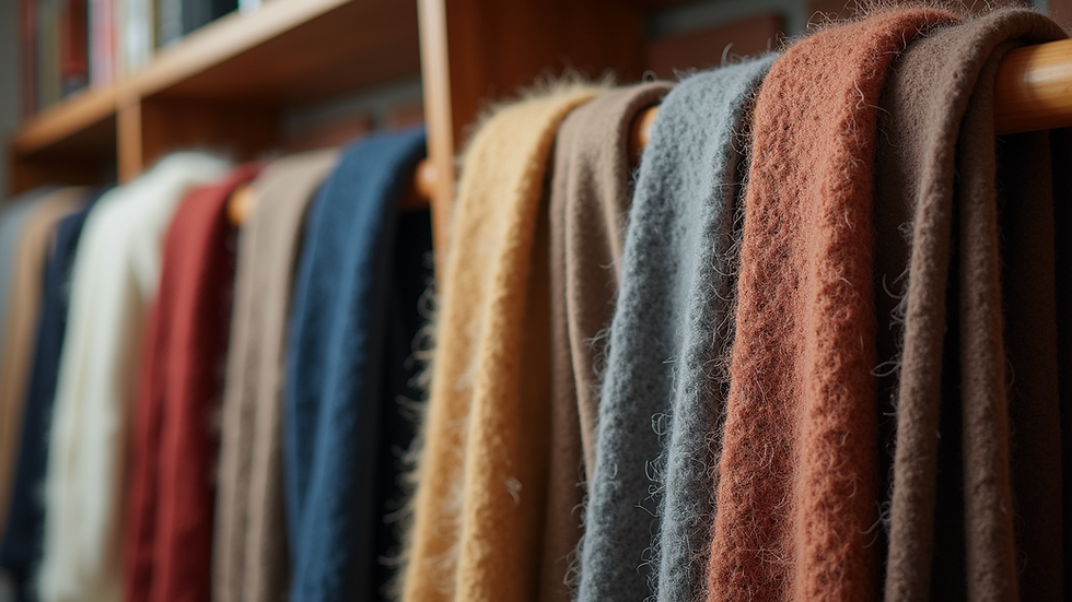 Eye-level view of alpaca wool scarves displayed on a wooden rack
