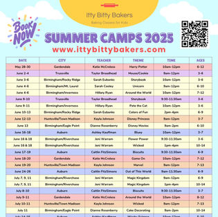 Colorful schedule for Itty Bitty Bakers Summer Camps 2025, listing dates, cities, teachers, 