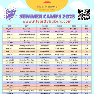 Colorful schedule for Itty Bitty Bakers Summer Camps 2025, listing dates, cities, teachers,