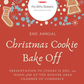 Red poster for Itty Bitty Bakers' 2nd Annual Christmas Cookie Bake Off. Cookie, whisk, December 19 event details included. Festive mood.