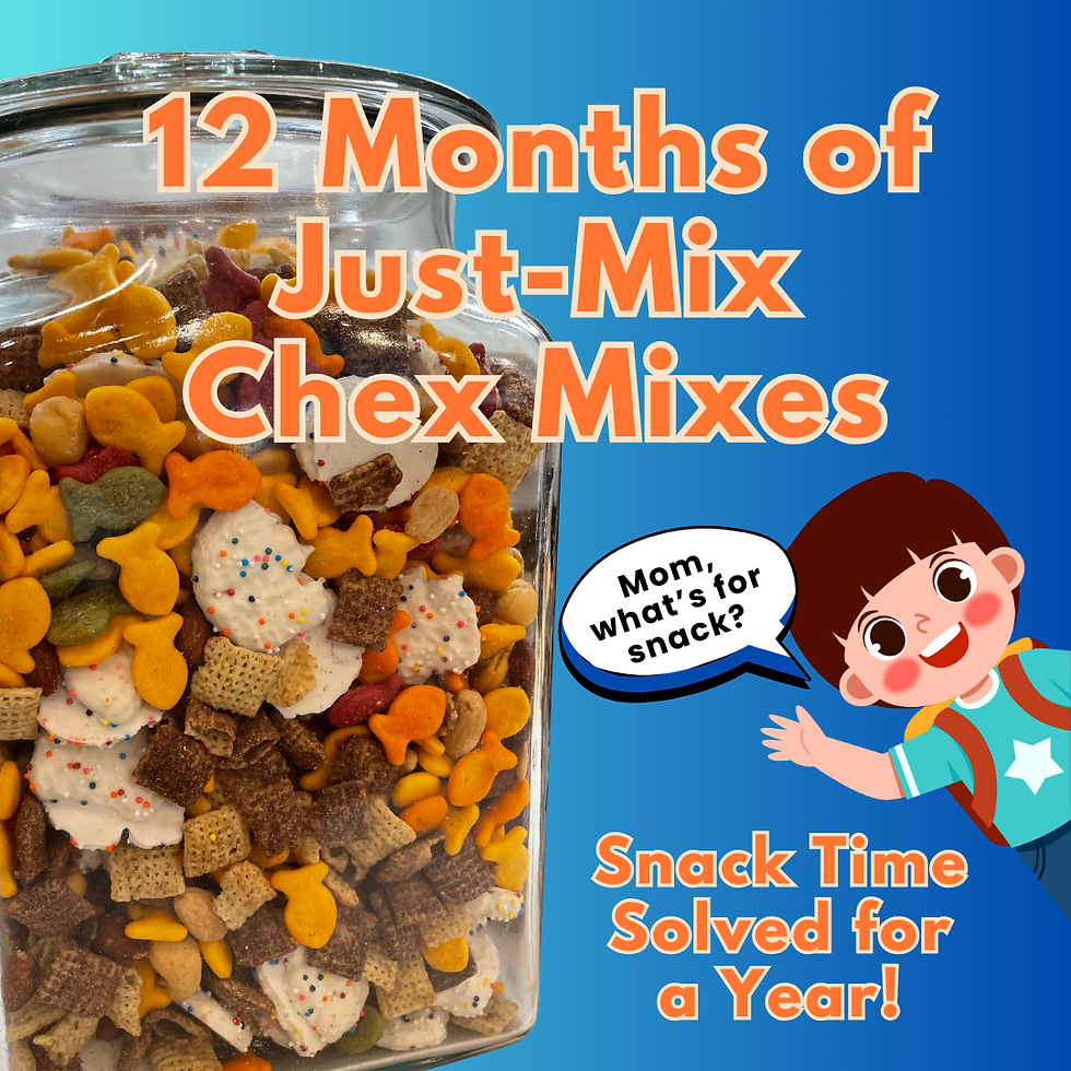 Jar of colorful Chex Mix with orange text: "12 Months of Just-Mix Chex Mixes". Cartoon child asks, "Mom, what's for snack?" Blue background.