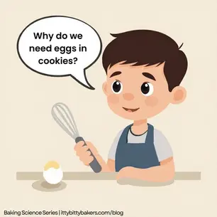 A cartoon boy holds a whisk, with an egg on a table. Speech bubble asks "Why do we need eggs in cookies?" Text: Baking Science Series.
