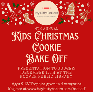 Red background with baking tools, cookies, and holly. "4th Annual Kids Christmas Cookie Bake Off" text. Event at Hoover Public Library.