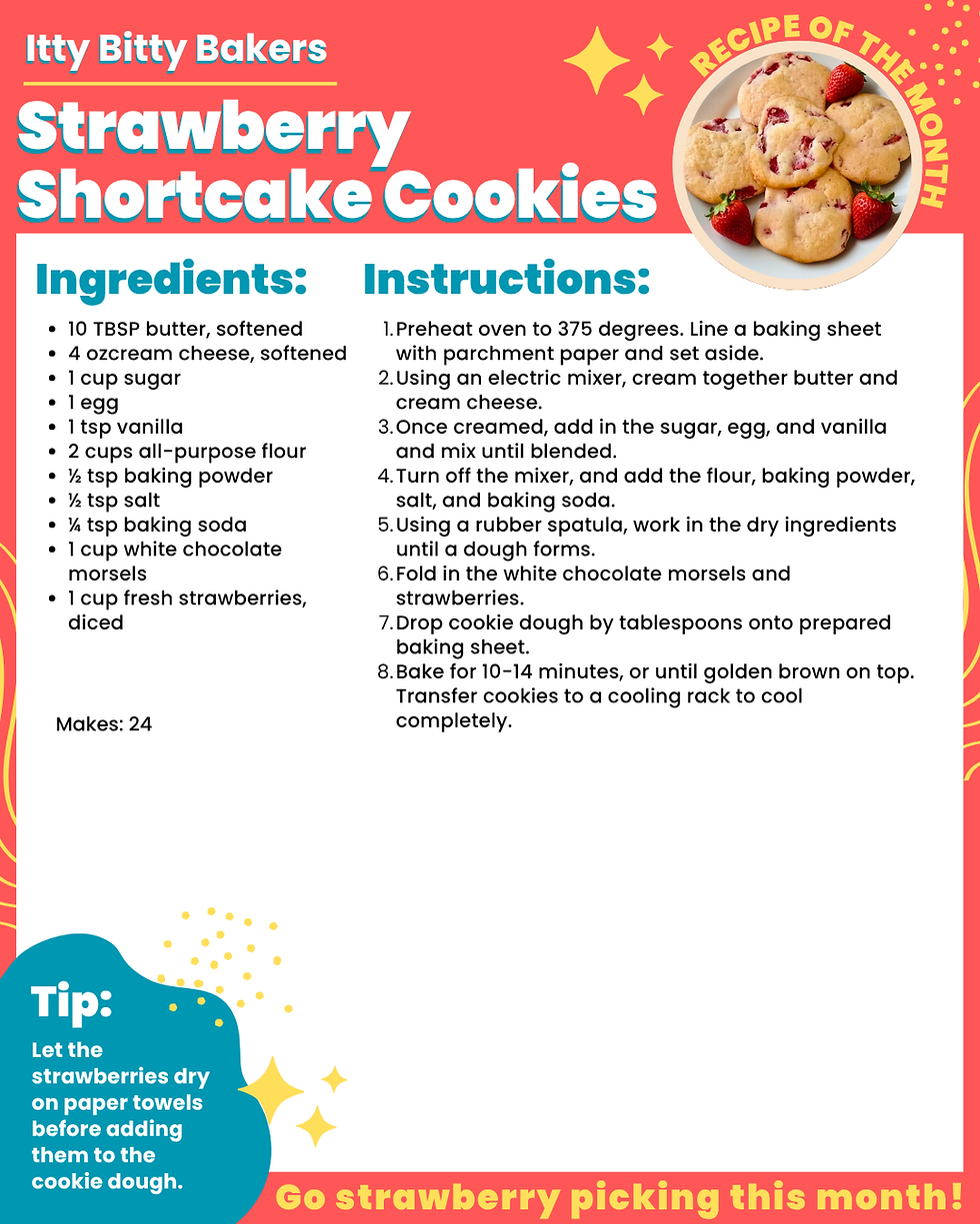 Recipe card titled "Strawberry Shortcake Cookies" with ingredients and instructions. Includes a tip to let strawberries dry and a cookie photo.