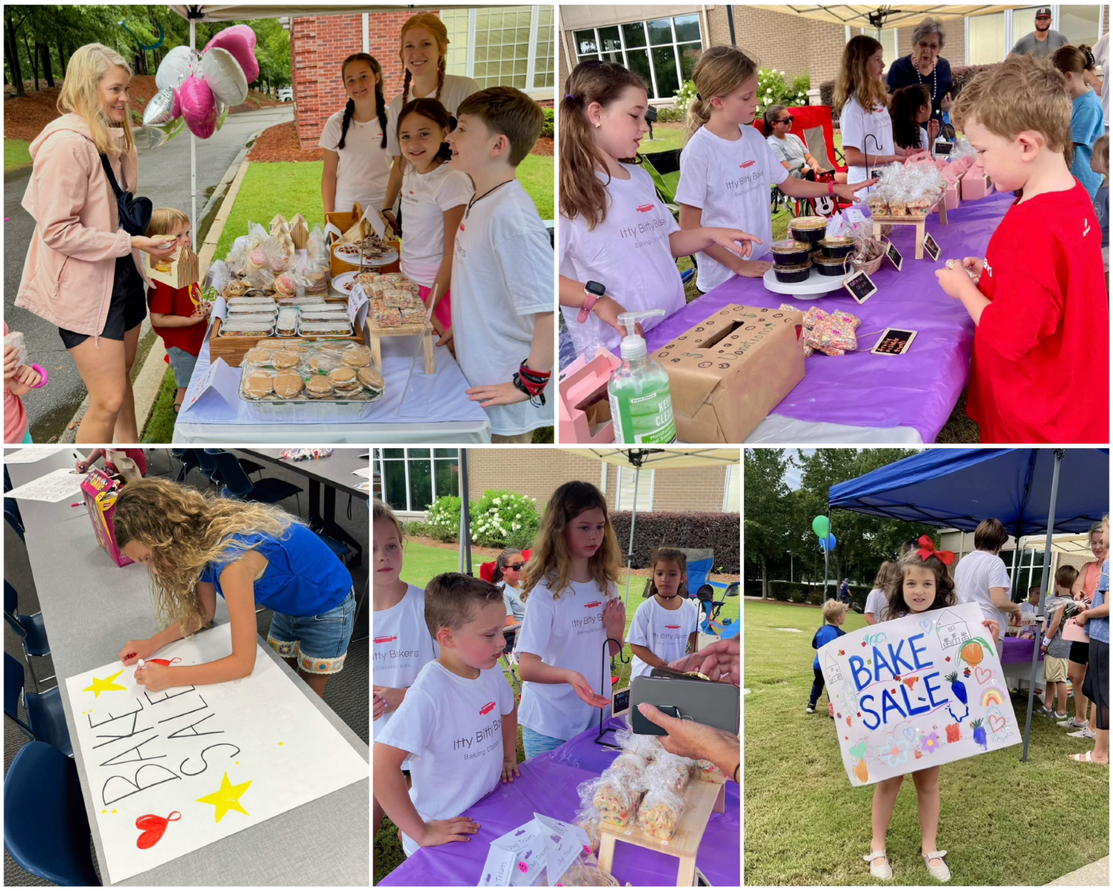 Kids at an outdoor bake sale under tents sell cookies and treats; one sign reads BAKe SALE.