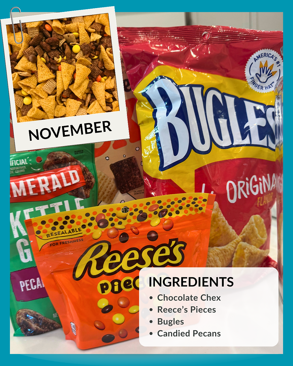 A snack mix in a bowl with Bugles, Chex, Reese's Pieces, and pecans. Overlay reads "November." Ingredient list included. Bowl on marble.