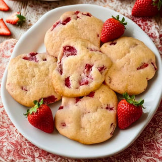 Plate of strawberry cookies with fresh strawberries on the side, set on a patterned red and white cloth. Cookies have a soft, golden look.
