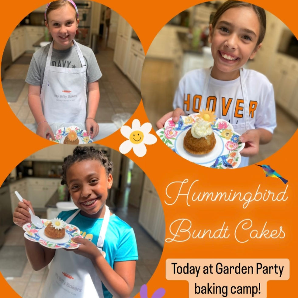 Kids at baking camp hold colorful plates with Hummingbird Bundt cakes, smiling in a bright kitchen. Text: "Hummingbird Bundt Cakes."
