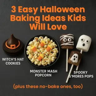 Witch's hat cookies, Monster Mash popcorn with candy corn, and spooky s'mores pops on a gray background. Festive Halloween treats.