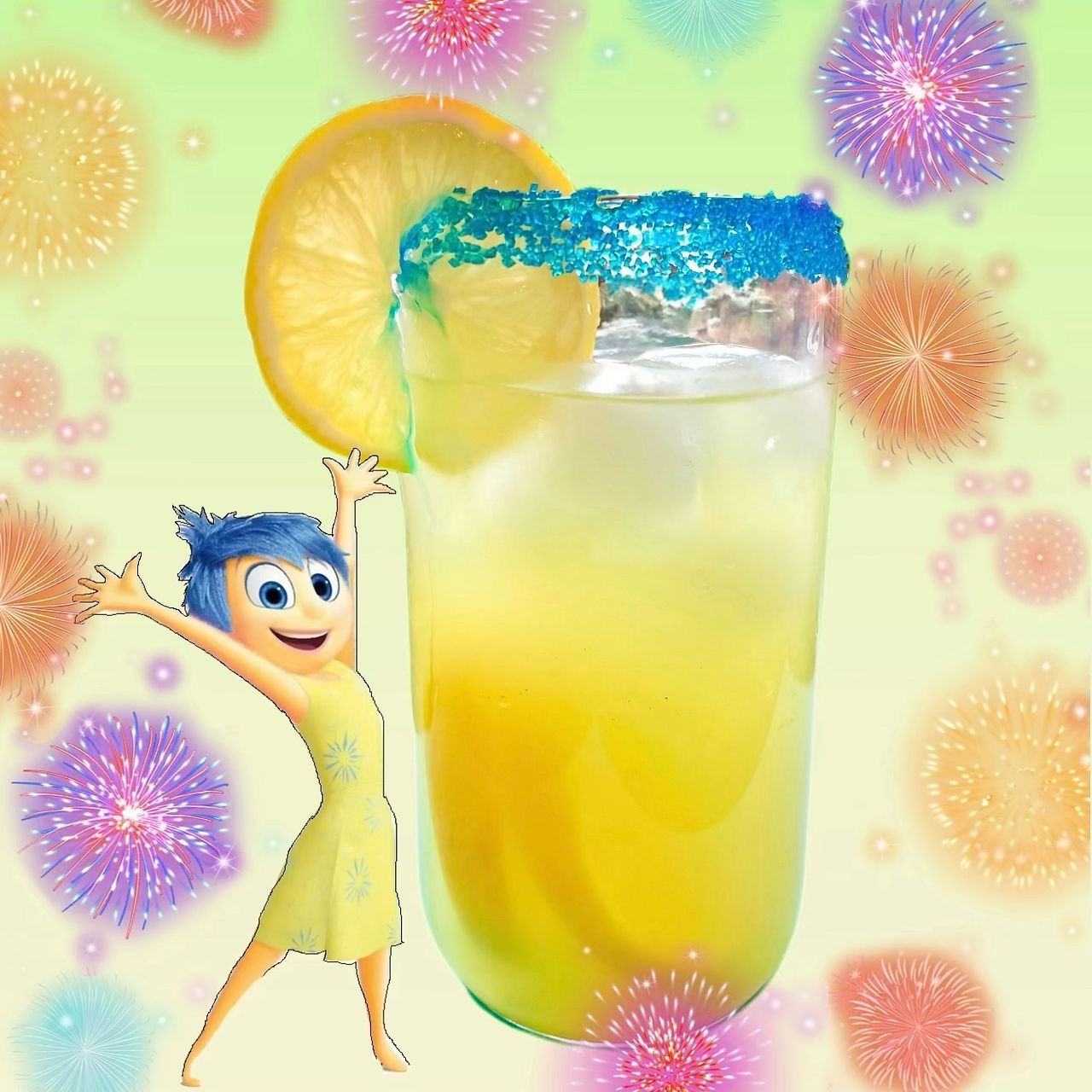 the character joy from inside out 2 movie is shown alongside a class of homemade lemonade