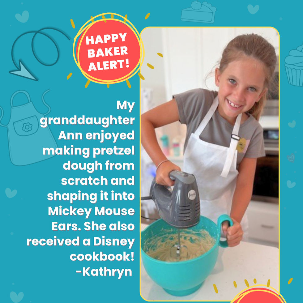 Smiling girl in apron mixing batter in a turquoise bowl; baking promo poster with Happy Baker Alert and New Classes now booking.
