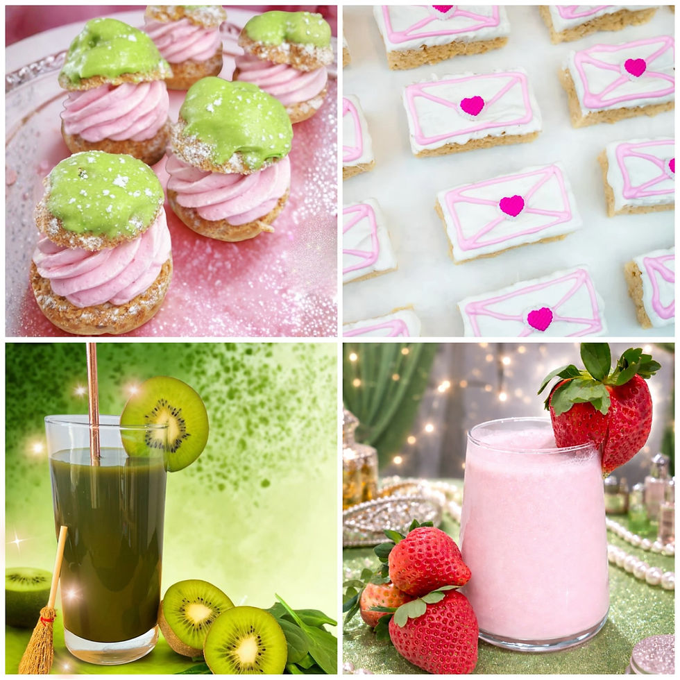 Colorful desserts and drinks: green cream puffs, pink envelope cookies, a green kiwi drink with a broom straw, and a pink strawberry smoothie.