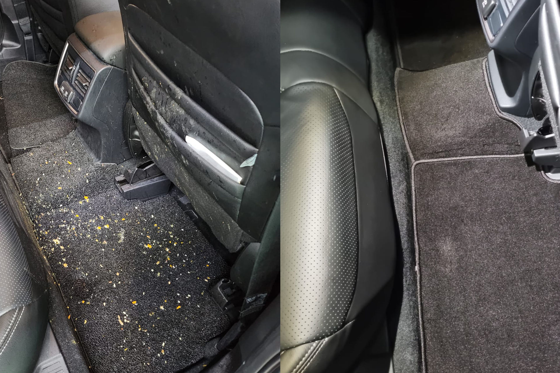 Before and after of vomit removal from a car interior by MintGroom