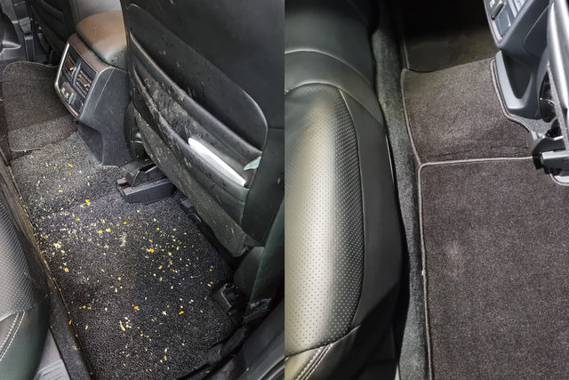 Before and after of vomit removal from a car interior