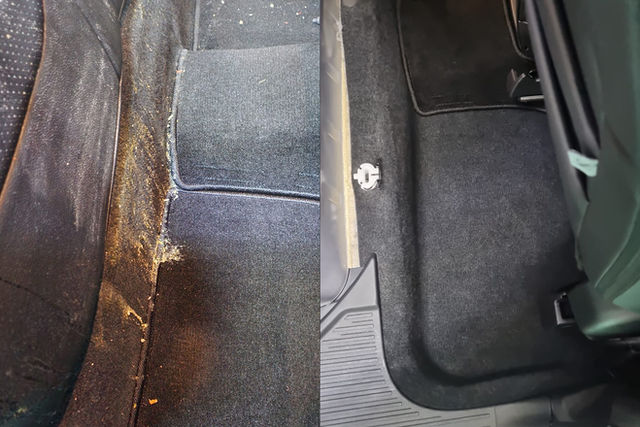 Before and after of a spillage clean-up in a car interior
