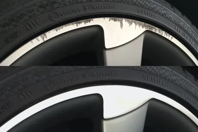 Alloy wheel refinished after curb rash repair