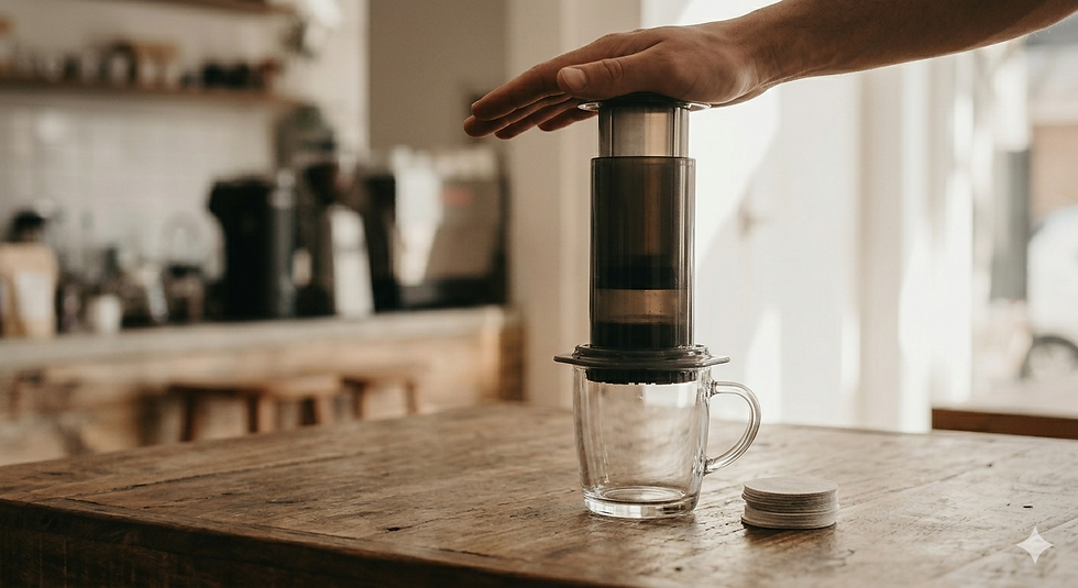 Mão pressiona um Aeropress em um copo sobre mesa de madeira rústica em café com luz natural ao fundo. Ambiente acolhedor e tons quentes.
