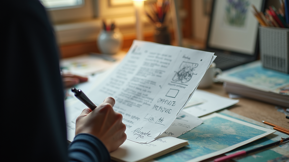 Close-up view of an artist analyzing feedback notes beside their artwork