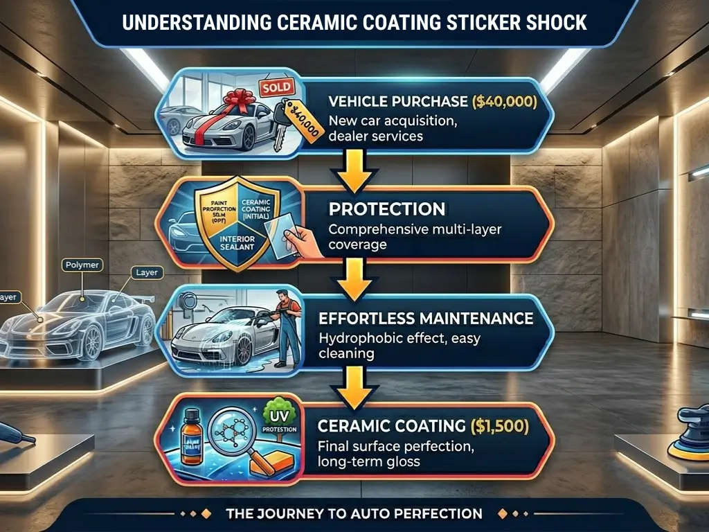 Infographic on how ceramic coatings should be evaluated showing car purchase, protection, easy maintenance, and $1,500 coating in a sleek showroom.