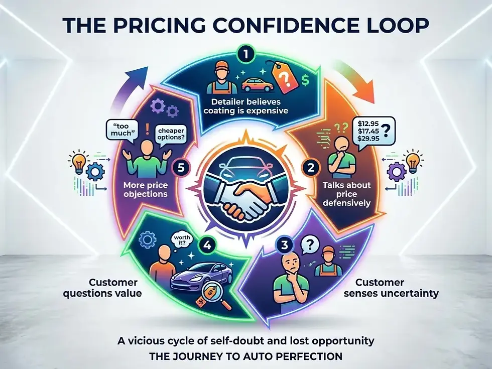 Infographic THE PRICING CONFIDENCE LOOP shows a 5-step cycle of pricing doubt around a handshake and car, with price objections.